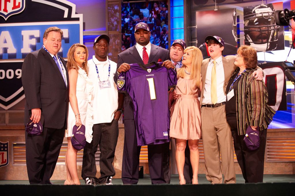 NFL Draft: Baltimore Ravens OT and No 23 overall pick Michael Oher victorious with family at Radio City Music Hall.