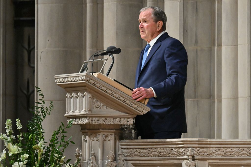 George W. Bush speaks during the funeral service for late US Vice President Dick Cheney at the Washington National Cathedral in Washington, DC, on November 20, 2025