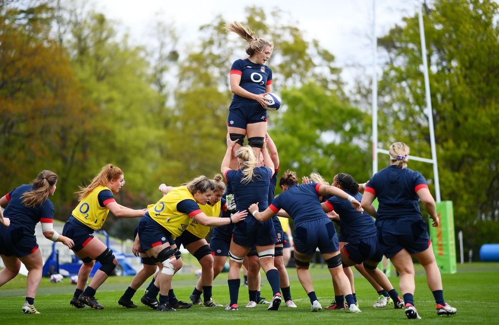 Zoe Aldcroft wins the ball in a lineout during a Red Roses Training Session at Pennyhill Park