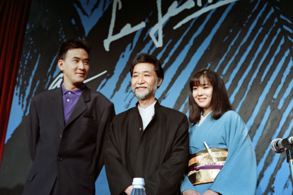 Ysaku Matsuda, Yoshishige Yoshida, and Yko Tanaka pose during a press conference for the movie "Wuthering Heights"
