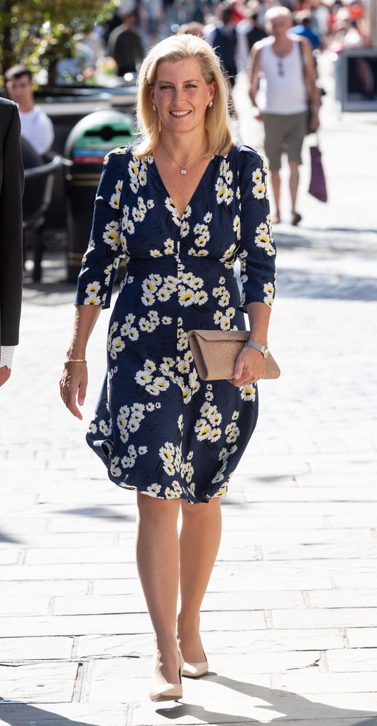 Duchess Sophie in a blue floral dress and heels