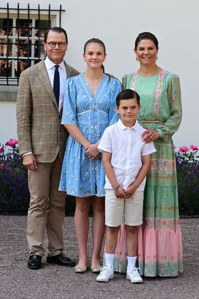 Prince Daniel, Princess Estelle, Crown Princess Victoria, Prince Oscar pose on Victoria's 48th birthday