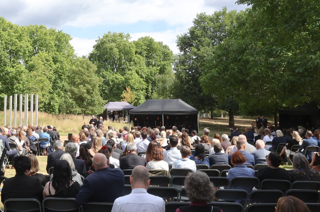  A general view at a memorial service for the 20th Anniversary of the 7th of July 2005 bombings at Memorial Gardens at Hyde Park on July 07, 2025 in London, England.