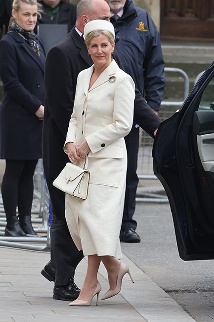 sophie wessex in white suit and matching accessories at commonwealth day service
