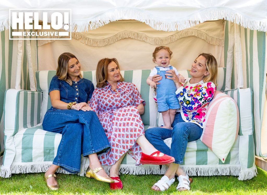 Penelope Chilvers posing on outdoor sofa with family at Cotswolds home