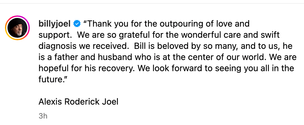 Billy joel's wife alexis' tribute to the singer on instagram following his brain condition diagnosis 
