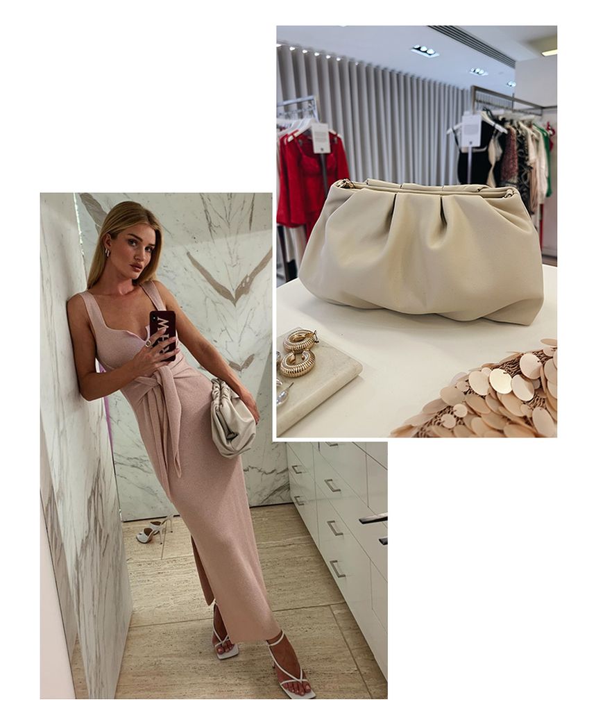 Rosie Huntington-Whiteley with the Bottega Veneta Pouch and the new M&S lookalike