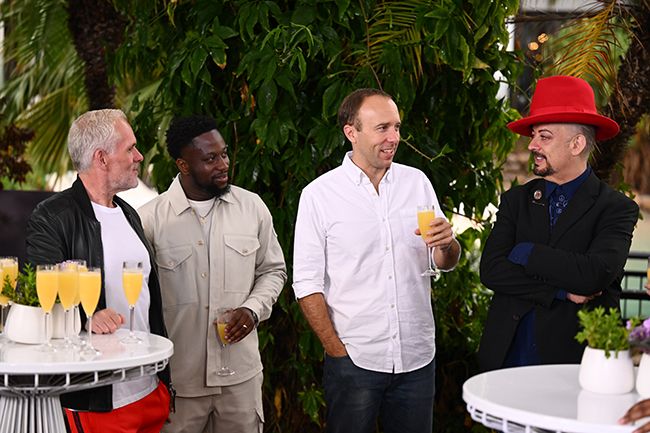 chris, babatunde, matt and boy george chat during reunion