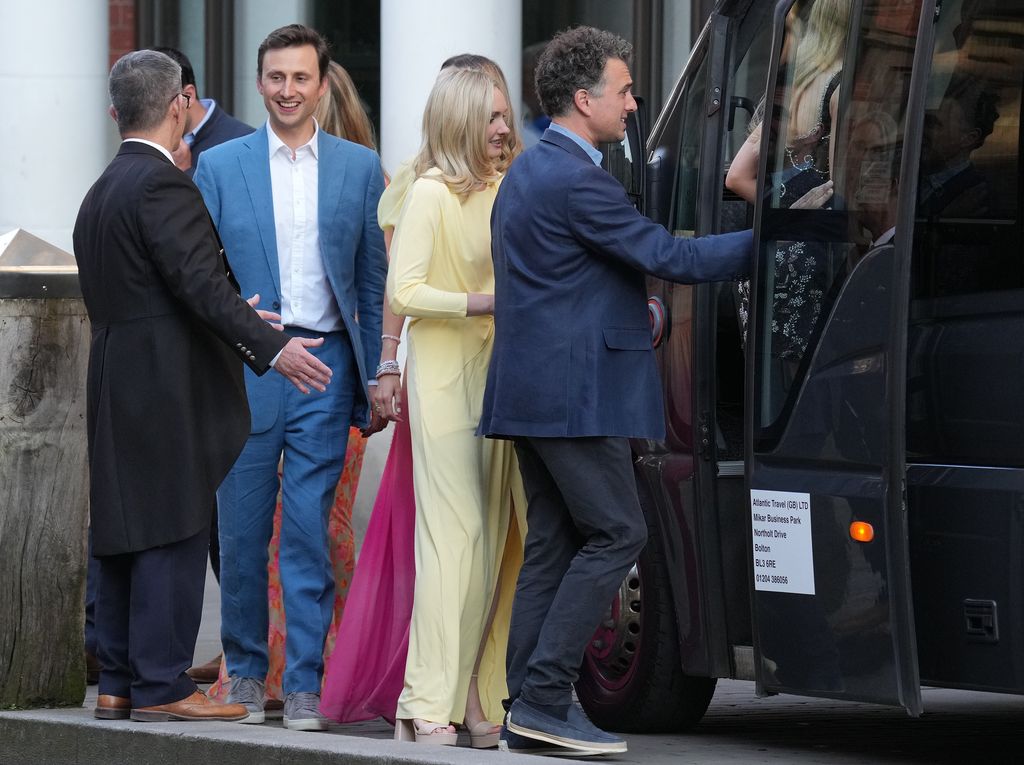 Thomas Van Straubenzee, Lucy Lanigan-O'Keeffe, Charlie Van Straubenzee and Daisy Jenks leave for the evening party for the wedding of The Duke of Westminster to Olivia Henson at Chester Cathedral, Chester, UK, on the 7th June 2024.