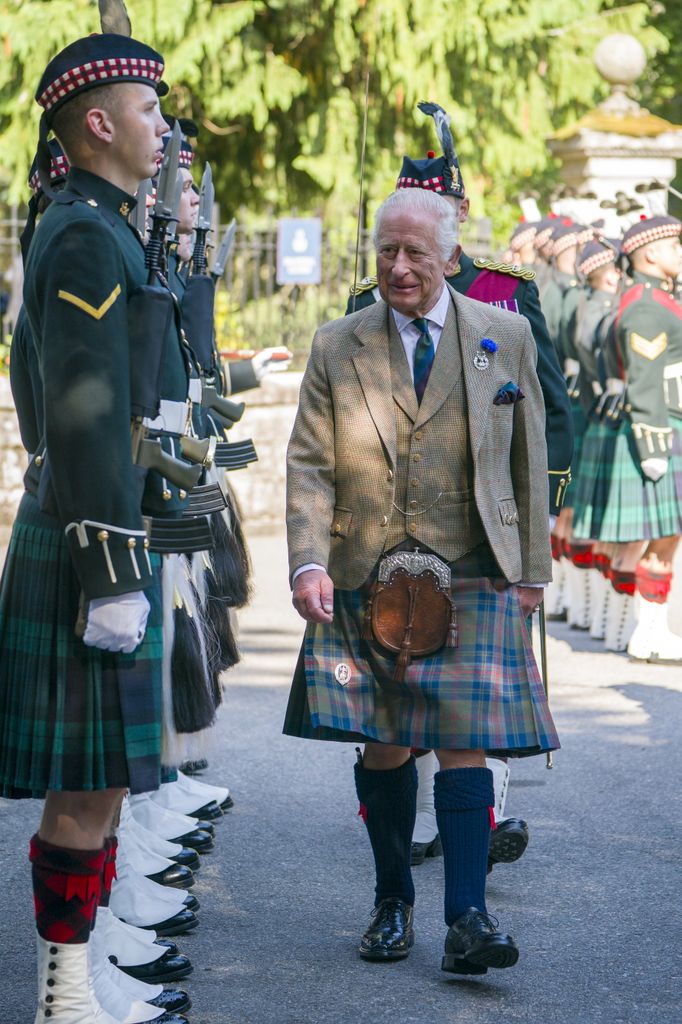 King Charles III inspects the Balaklava Company, 5th Battalion, The Royal Regiment of Scotland, at the gates of Balmoral,