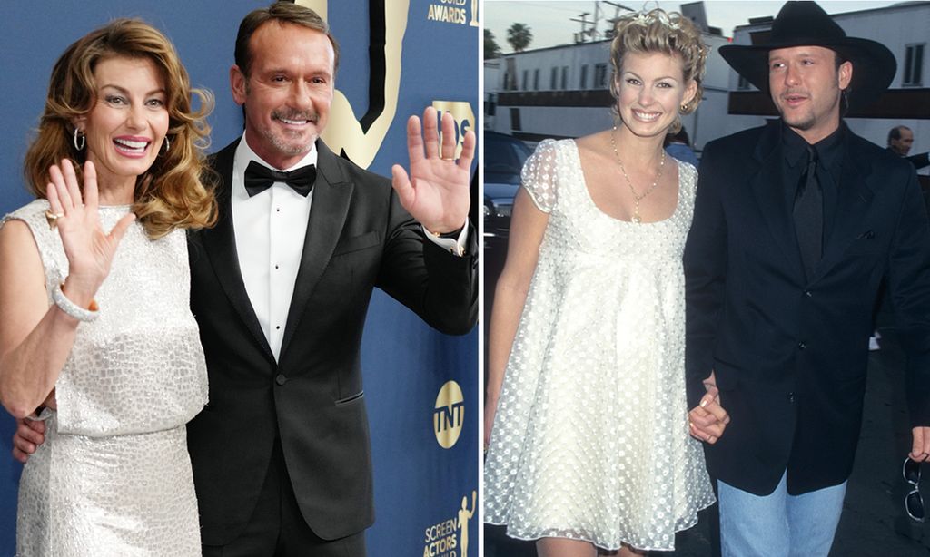 Tim McGraw and Faith Hill smiling together on the left waving and a younger version of them holding hands on the right