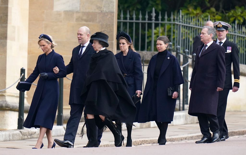 Princess Anne, Mike and Zara Tindall, Princess Beatrice, Lady Sarah Chatto at King Constantine memorial