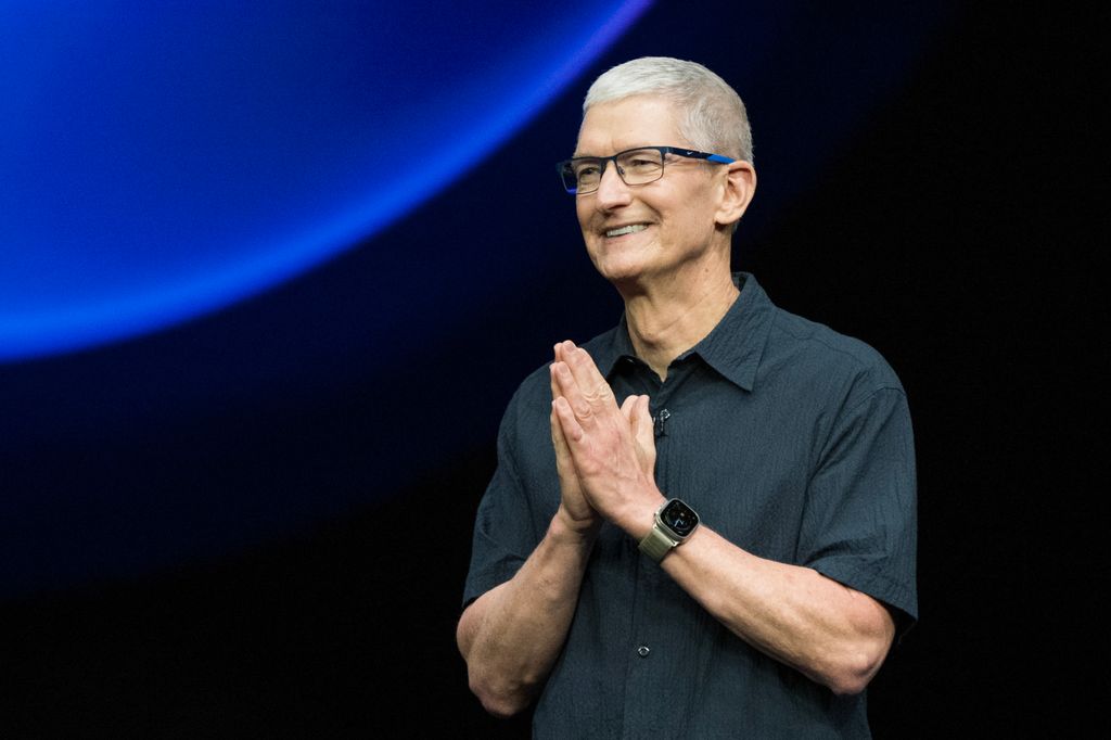 Apple CEO Tim Cook speaks during Apple's 'It's Glowtime' event in Cupertino, California in 2024