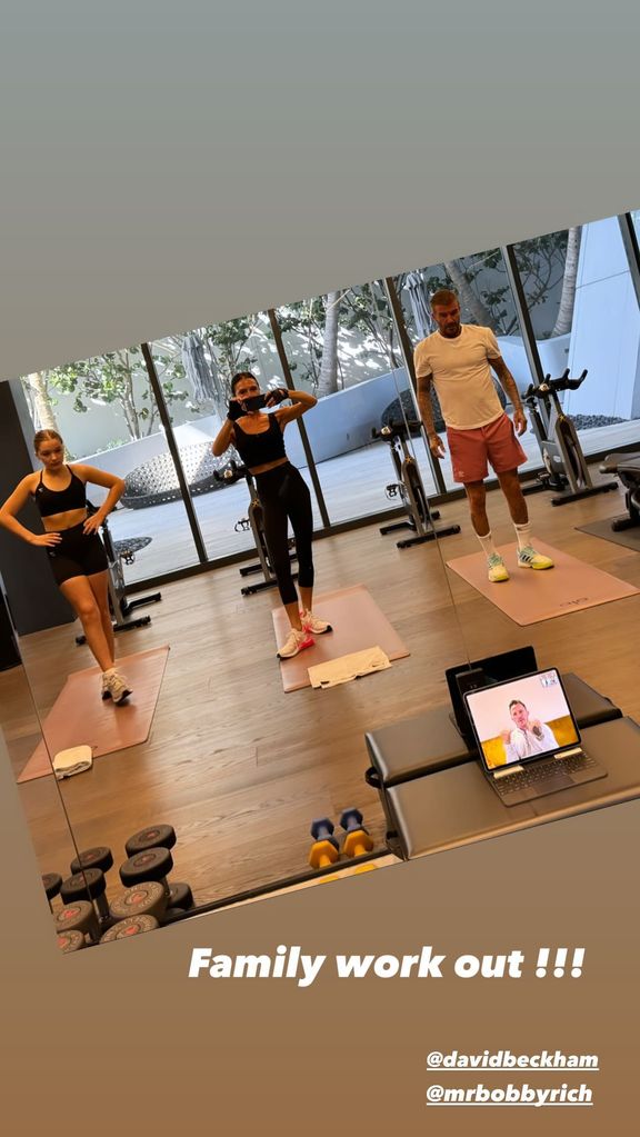 Harper, Victoria and David Beckham in their Miami home gym