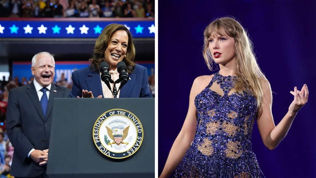 Left: Kamala Harris and Tim Walz, Right: Taylor Swift