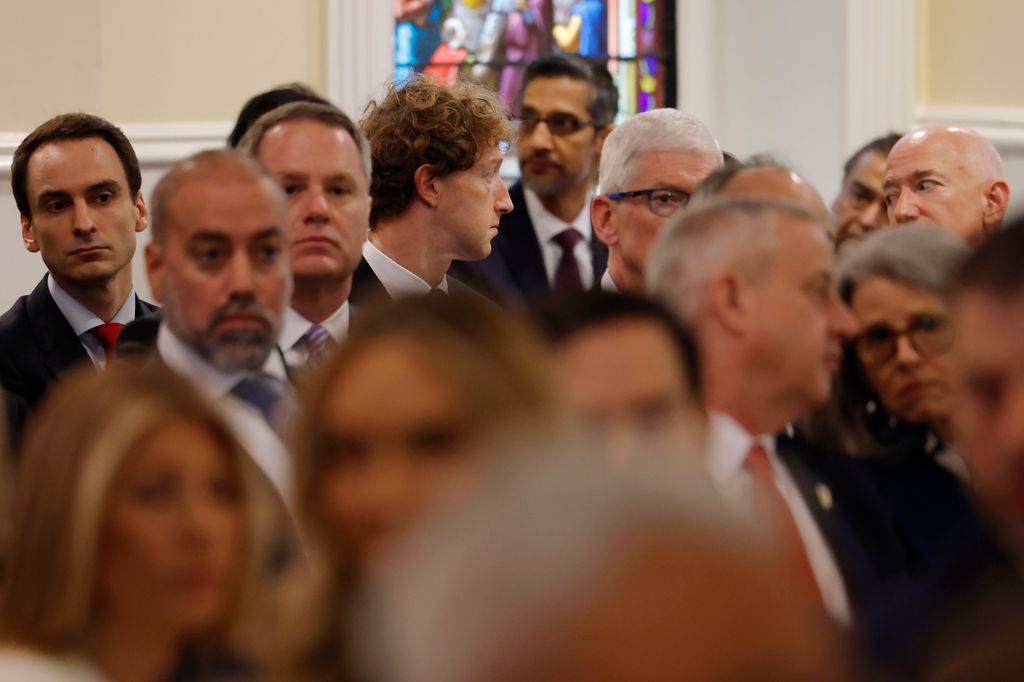  Meta and Facebook CEO Mark Zuckerberg, CEO of Google Sundar Pichai,  CEO of Apple Tim Cook, Founder of Amazon and Blue Origin Jeff Bezos attend services as part of  Inauguration ceremonies at St. John's Church 