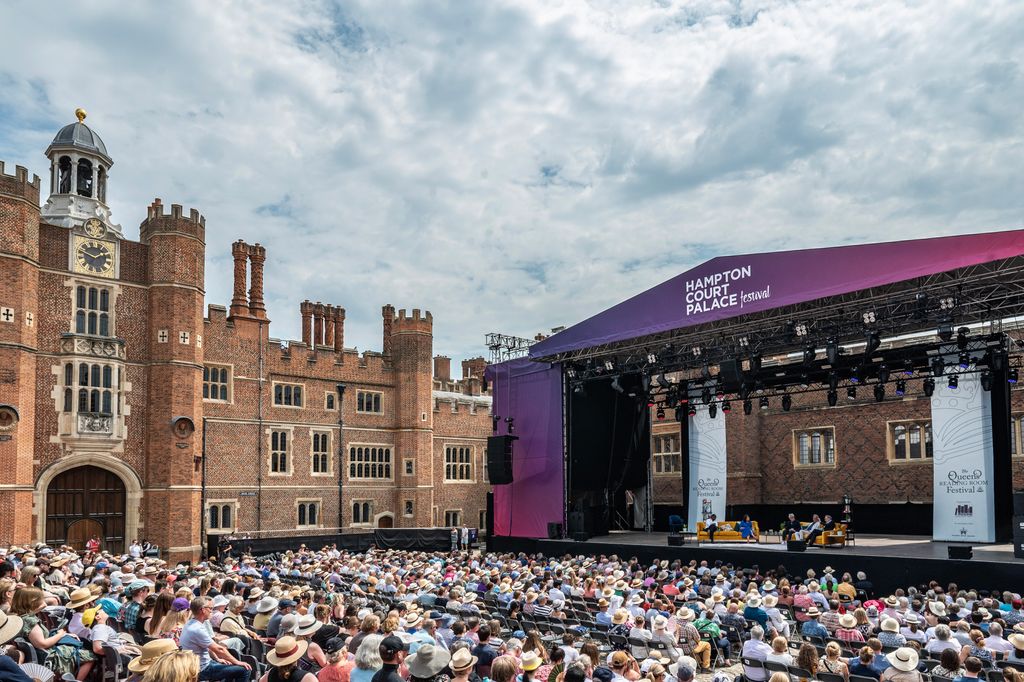 Stage and crowd in grounds of Hampton Court Palace 