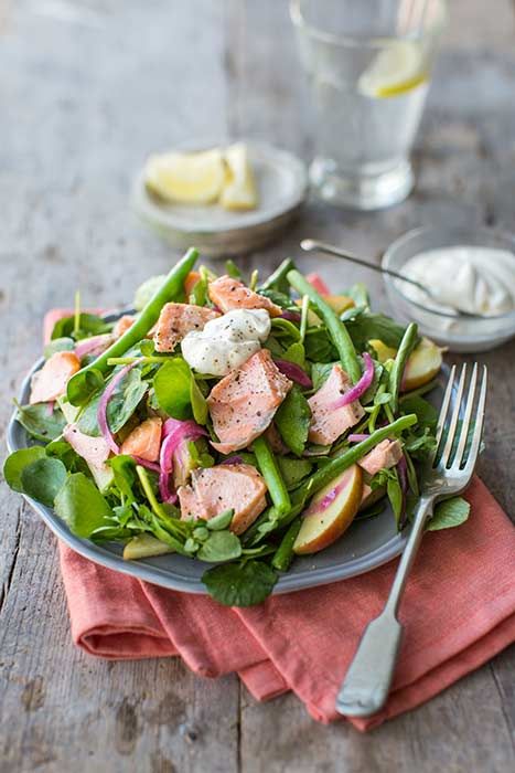 Hot smoked salmon and watercress salad with apples, green beans and creme fraiche