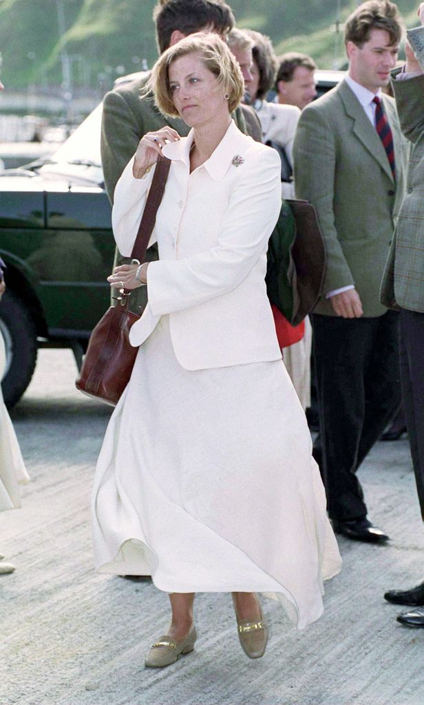 young duchess Sophie in white blazer and floaty skirt