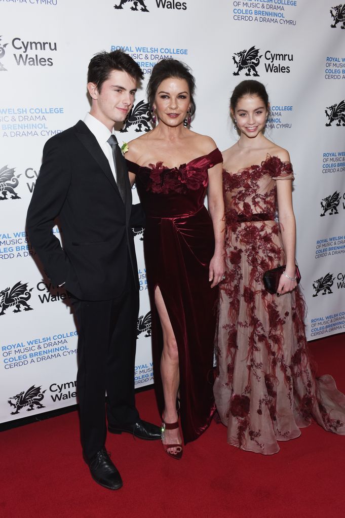 Dylan Michael Douglas, Catherine Zeta-Jones and Carys Zeta Douglas attend The Royal Welsh College of Music & Drama 2019 Gala at The Rainbow Room on March 1, 2019 in New York City. 