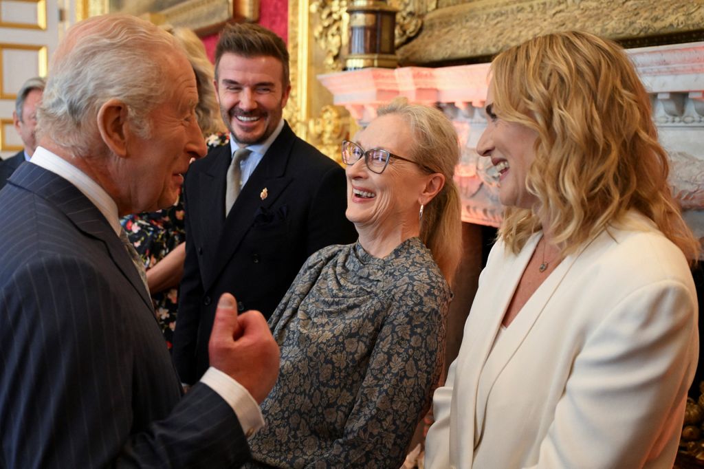 Meryl Streep, Kate Winslet and David Beckham react next to Britain's King Charles as they attend the King's Foundation Awards ceremony, on the 35th anniversary of The King's Foundation, at St James's Palace on June 12, 2025 in London, England.