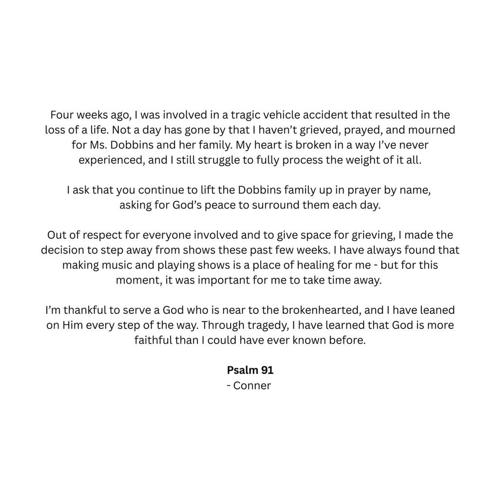Statement from Conner Smith one month after accidentally killing a 77-year-old woman in a car accident in Nashville, Tennessee