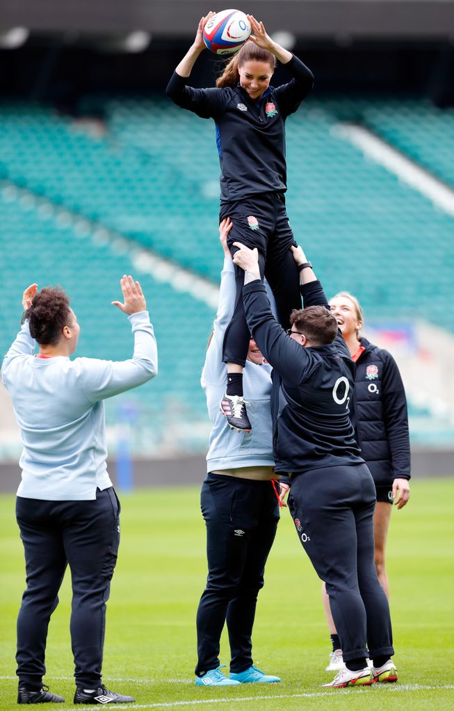 Kate Middleton catches the ball in a line out