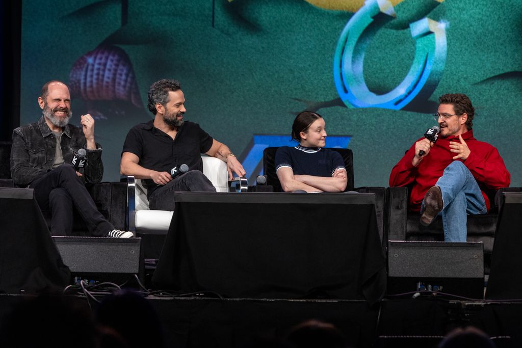 Craig Mazin, Neil Druckmann, Bella Ramsey, Pedro Pascal at the Featured Session "The Last of Us: Cast and Creators on Season 2" during SXSW Conference & Festivals in the Austin Convention Center on March 8, 2025 in Austin, Texas