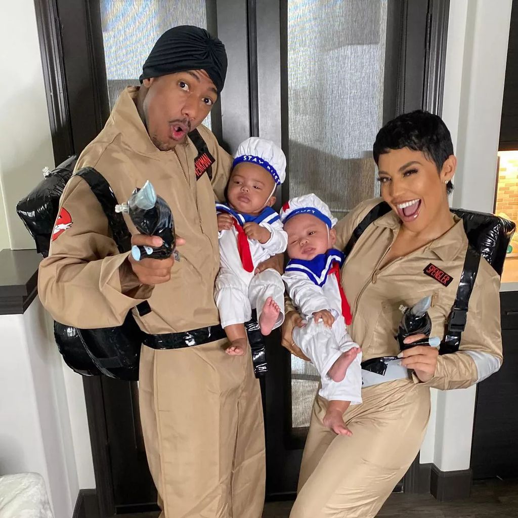 Nick Cannon and Abby de la Rosa with twins Zion and Zillion dressed as Stay Puft Marshmallow Men from Ghostbusters
