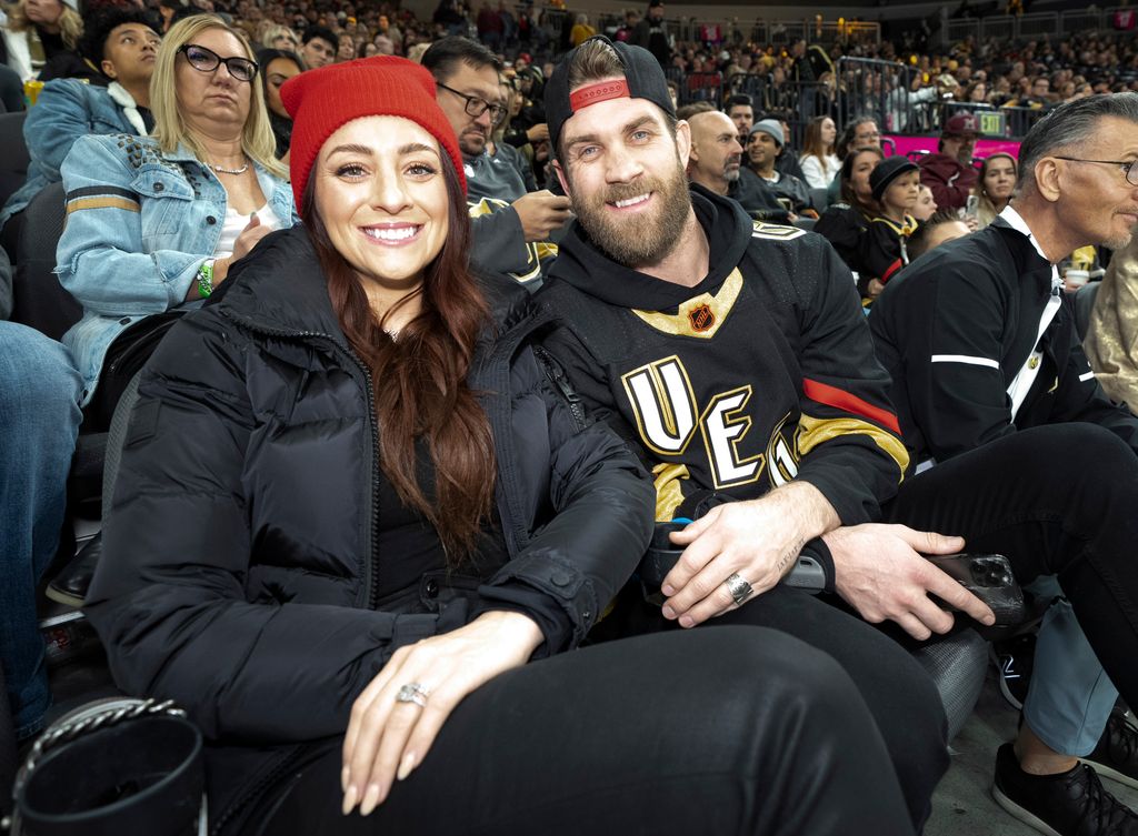 Bryce Harper is seen in attendance with wife Kayla during the game between the Vegas Golden Knights and the Nashville Predators at T-Mobile Arena on December 31, 2022 in Las Vegas, Nevada