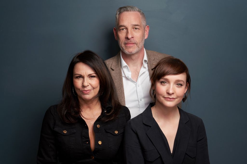 PASADENA, CALIFORNIA - FEBRUARY 12: (L-R) Julie Graham, Julian Unthank, and Olivia Vinall of Acorn TV's 'Queens of Mystery' pose for a portrait during the 2019 Winter TCA at The Langham Huntington, Pasadena on February 12, 2019 in Pasadena, California. (Photo by Corey Nickols/Getty Images)