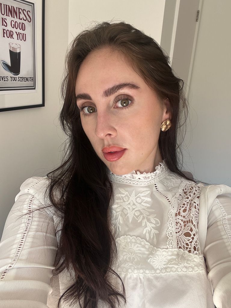 journalist with Victoria Beckham x Augustinus Bader products on face