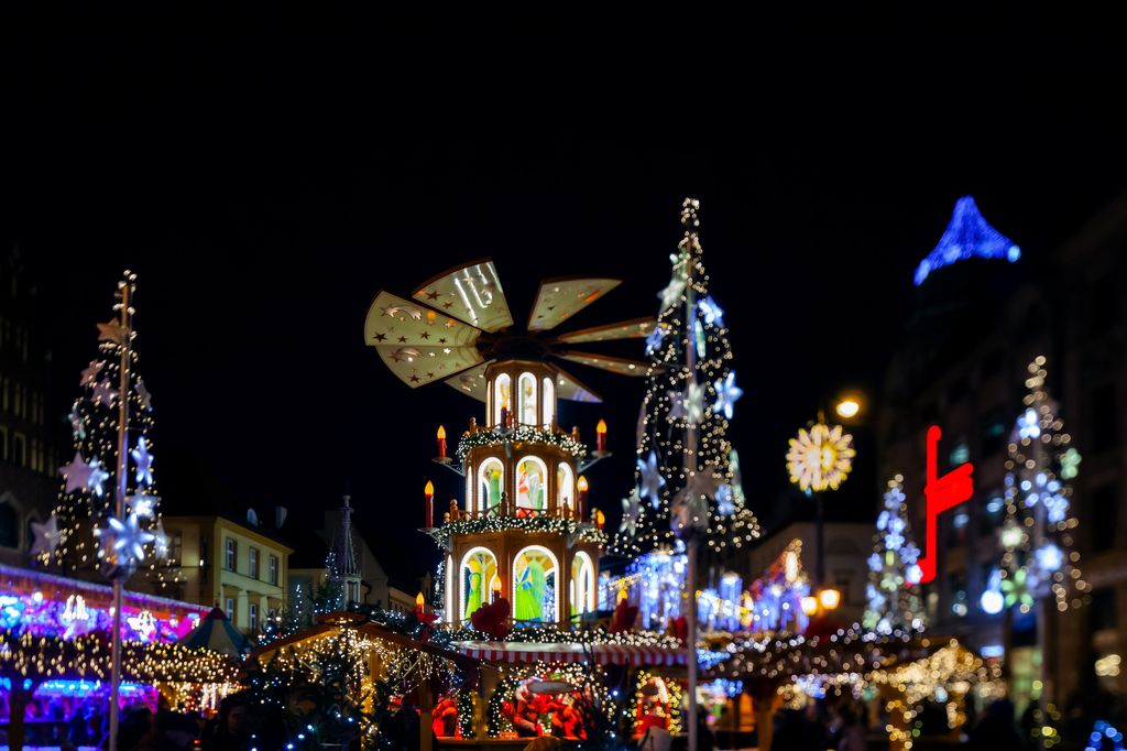 Christmas lights at the street market at night.