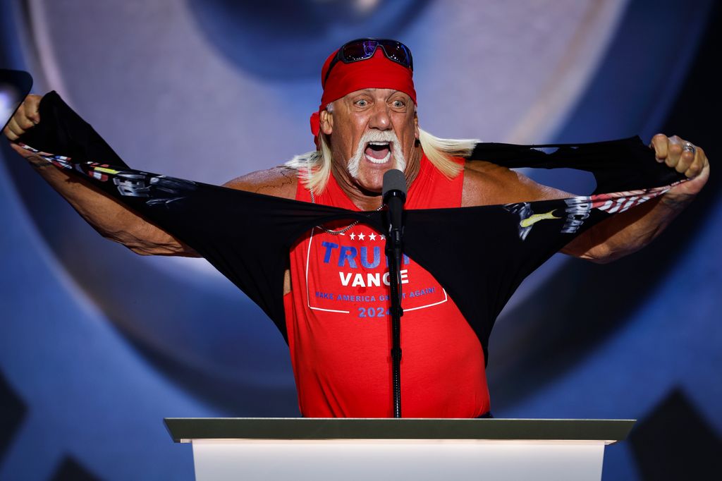 Professional entertainer and wrestler Hulk Hogan rips his shirt as he speaks on stage on the fourth day of the Republican National Convention at the Fiserv Forum on July 18, 2024 in Milwaukee, Wisconsin