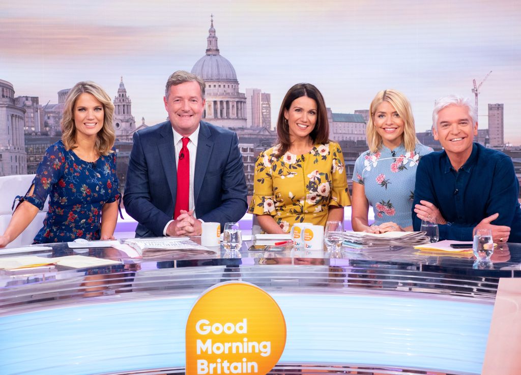 Charlotte Hawkins, Piers Morgan, Susanna Reid, Holly Willoughby and Phillip Schofield sat around table