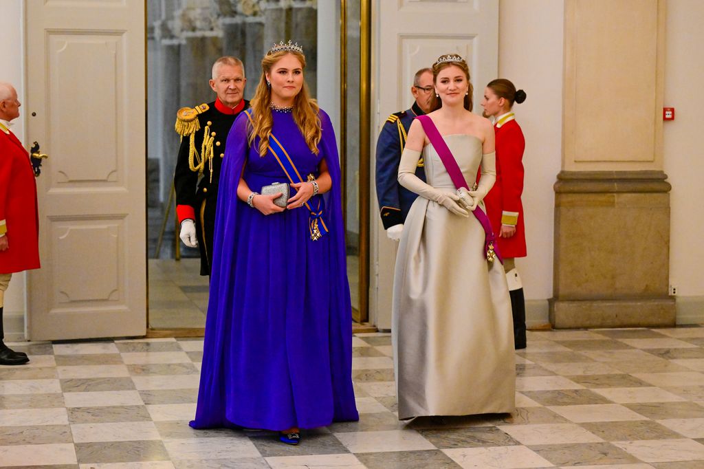 Princess Amalia of the Netherlands and Princess Elisabeth of Belgium during a gala dinner on the occasion of the 18th birthday celebrations of the Danish Prince at Christiansborg Palace in Copenhagen, Denmark.