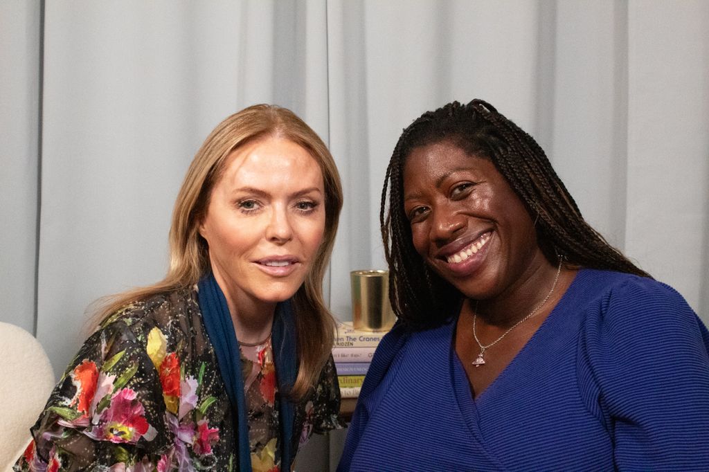 Patsy Kensit and Ateh Jewel smiling in a podcast studio 