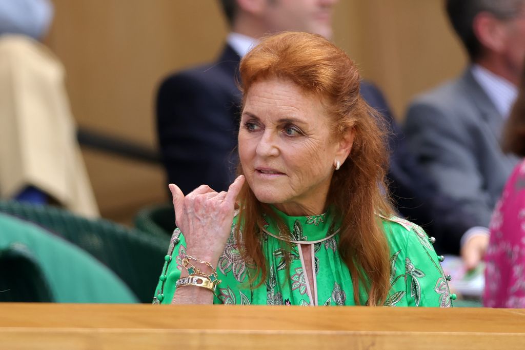 Sarah Ferguson in wimbledon box in green dress