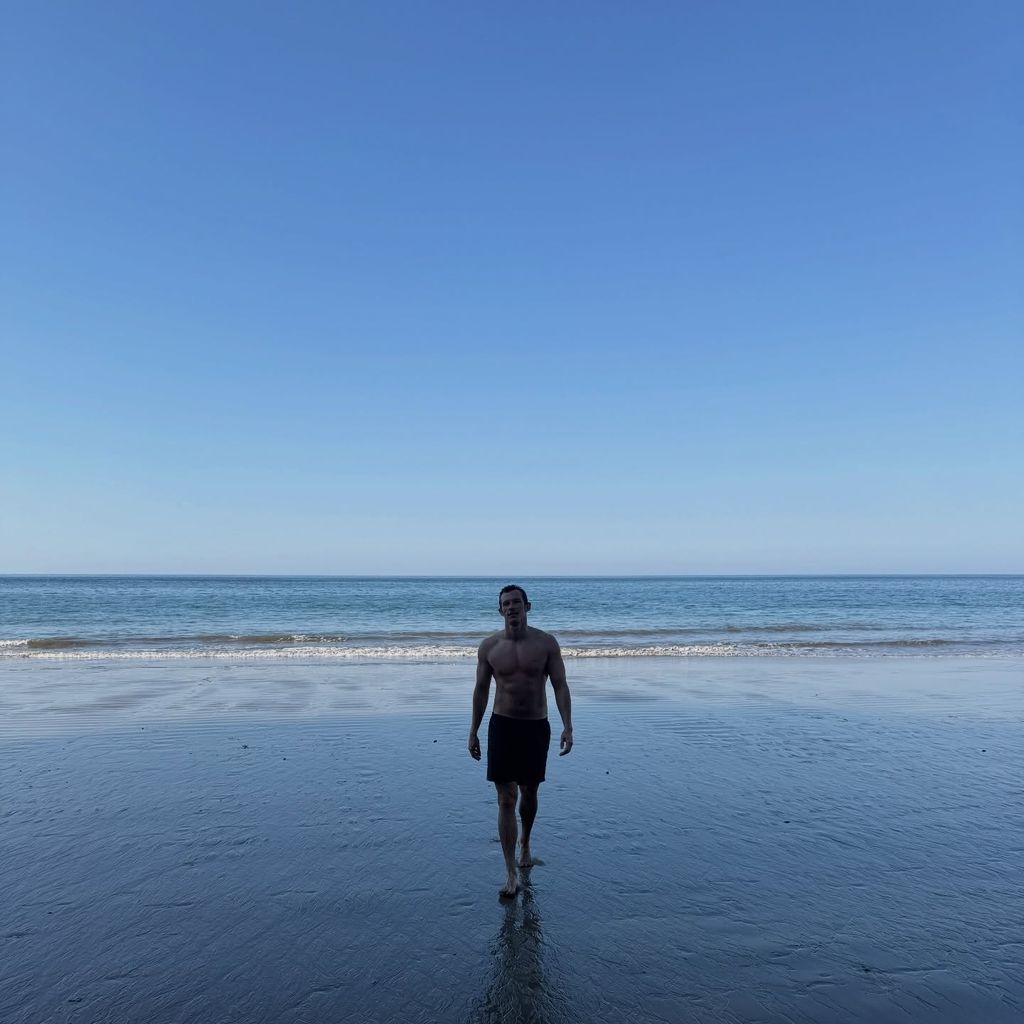 photo of callum turner in swim shorts walking up beach