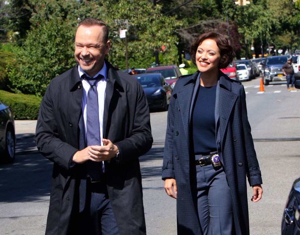 Donnie Wahlberg and Marisa Ramirez are seen on the set of "Blue Bloods" on September 19, 2019 in New York City
