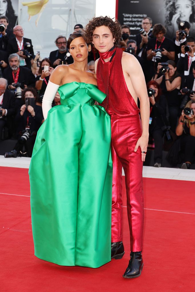 Taylor Russell and Timothée Chalamet attend the "Bones And All" red carpet at the 79th Venice International Film Festival on September 02, 2022 in Venice, Italy