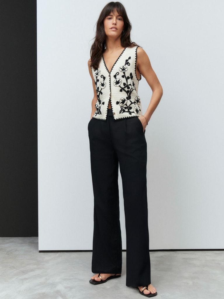 NEXT Black Stay Smart Wide Leg Linen Rich Trousers