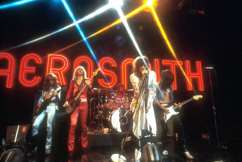 Brad Whitford, Tom Hamilton, Joey Kramer, Steven Tyler and Joe Perry of Aerosmith in 1974