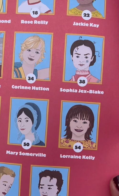 Cartoon headshots of Scottish women including Corinne Hutton, Sophia Jex-Blake, Mary Somerville and Lorraine Kelly