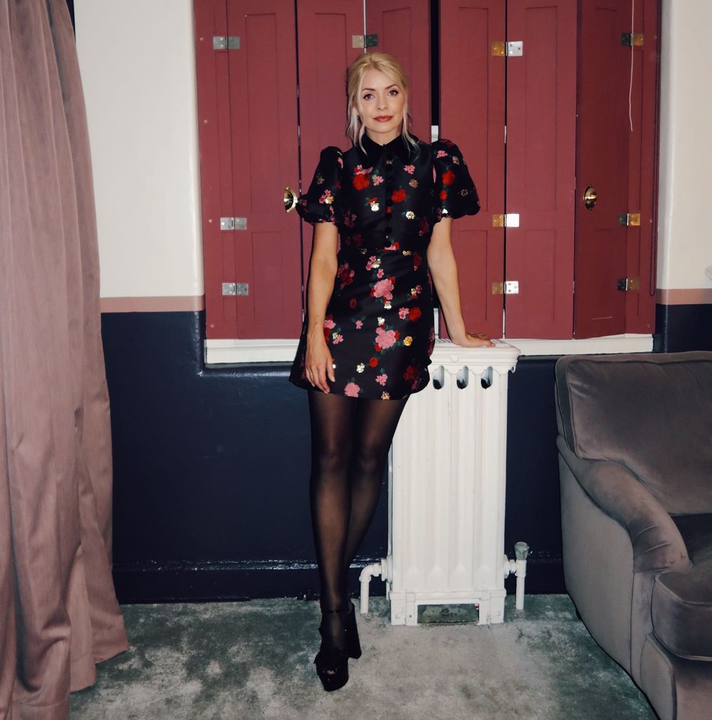 Holly in mini dress and platform peep-toe heels