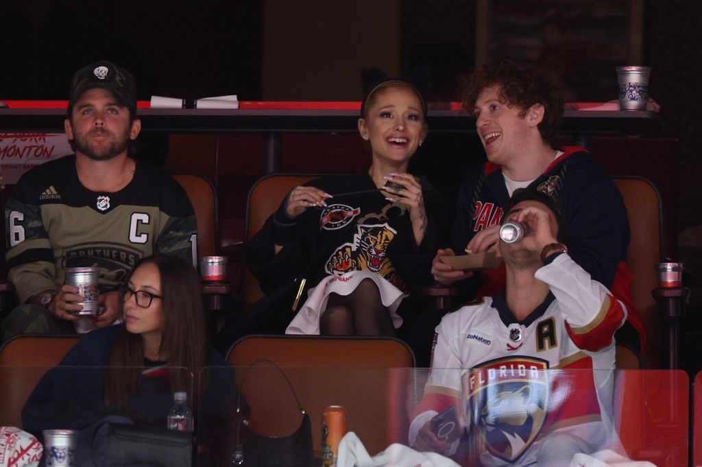 Ariana Grande and Ethan Slater look on prior to Game One of the 2024 Stanley Cup Final between the Florida Panthers and the Edmonton Oilers at Amerant Bank Arena on June 08, 2024