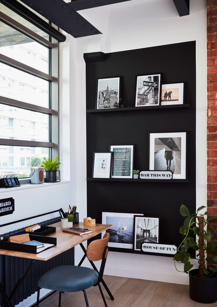 A black and white home office