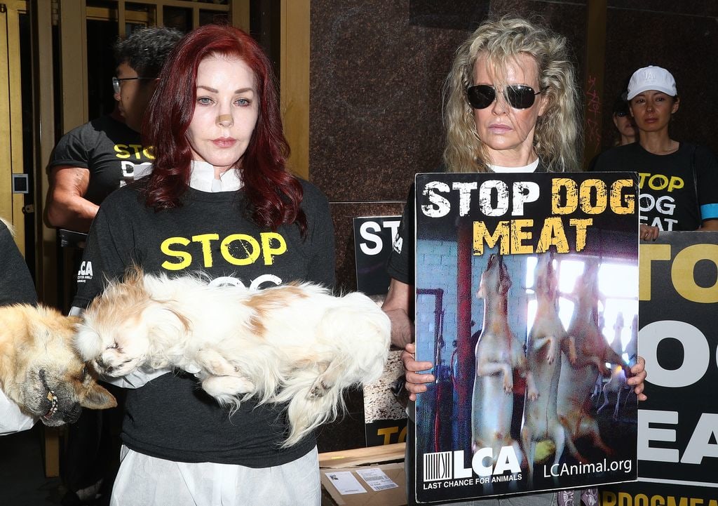Actresses Priscilla Presley and Kim Basinger attend a protest in Los Angeles Tuesday against the South Korea dog meat trade