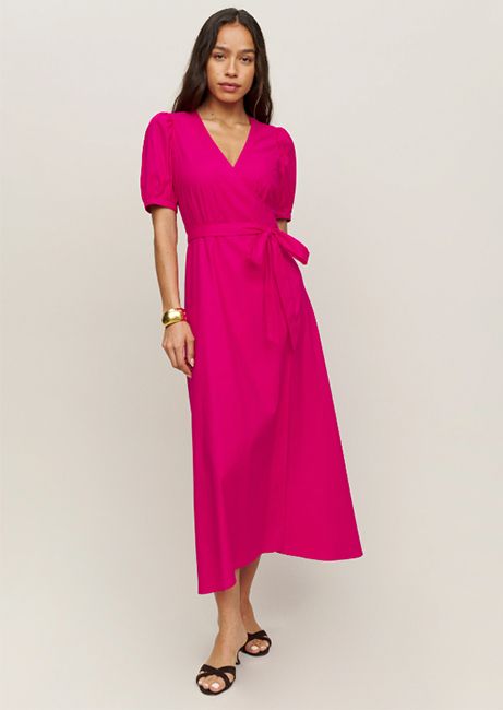 pink reformation wrap dress