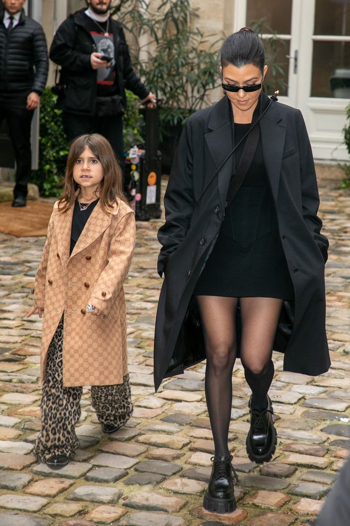 PARIS, FRANCE - MARCH 02: Penelope Disick and her mother Kourtney Kardashian are seen on March 02, 2020 in Paris, France. (Photo by Marc Piasecki/GC Images)